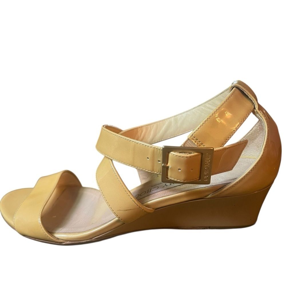 Jimmy Choo Chiara Patent Leather Strappy Wedge Sandals Tan Beige 36.5 Us 6